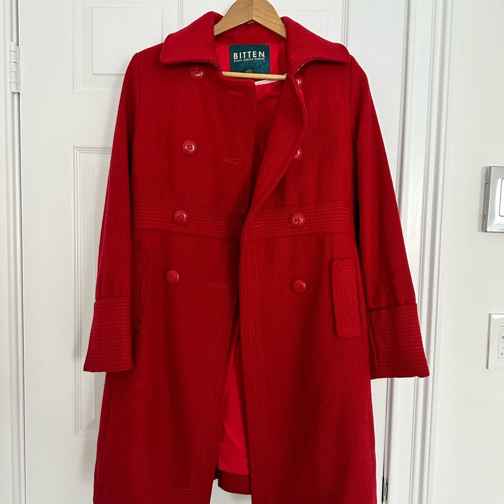 Bitten by Sarah Jessica Parker wool blend winter coat red size small peacoat